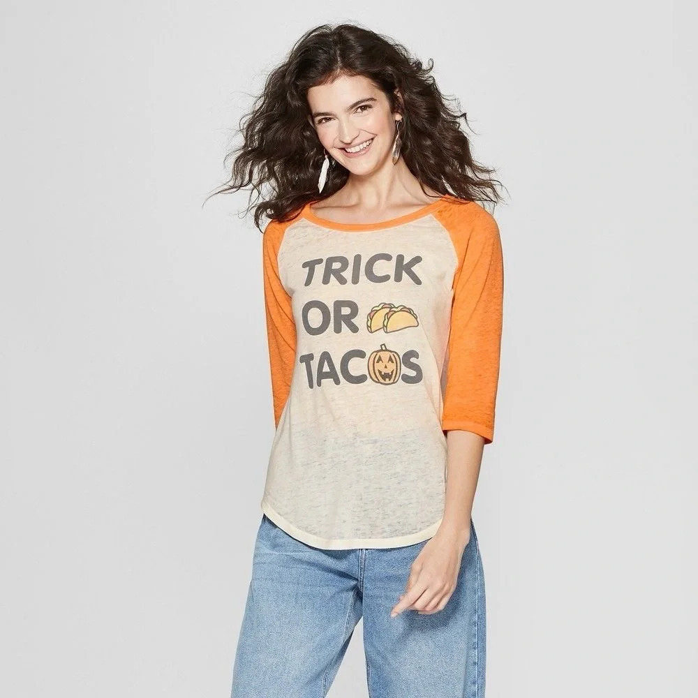 Zoe & Liv Trick or Tacos Halloween Fall 3/4 Sleeve  T-shirt Womens size XL